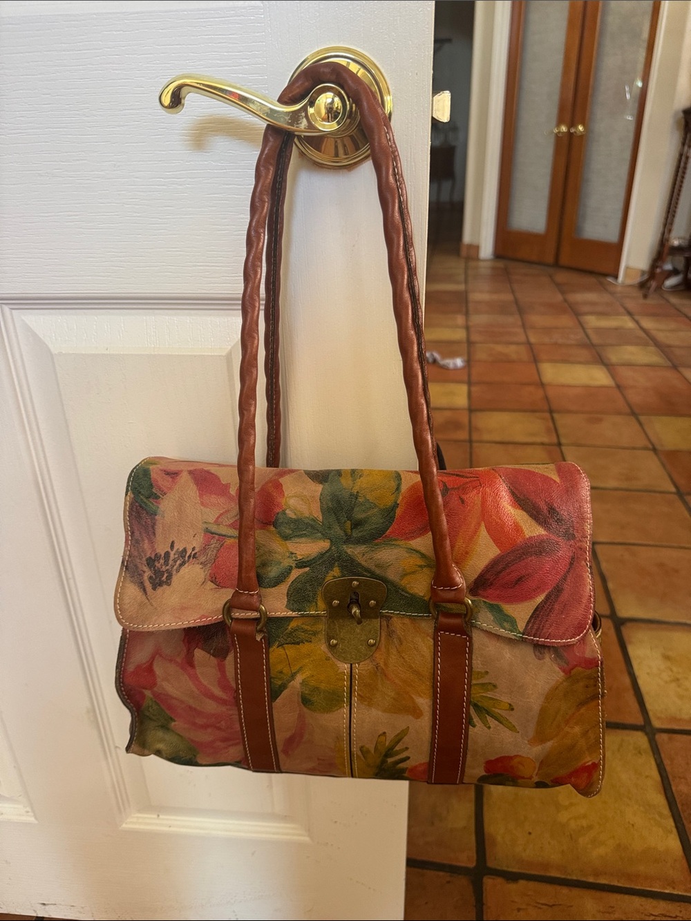 Patricia Nash Multicolor Floral Canvas Shoulder Bag with Brown Leather Trim